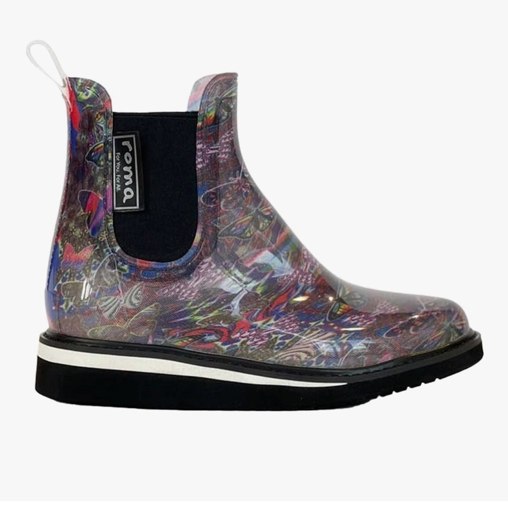 Roma Black Floral-Print Chelsea Rain Boot